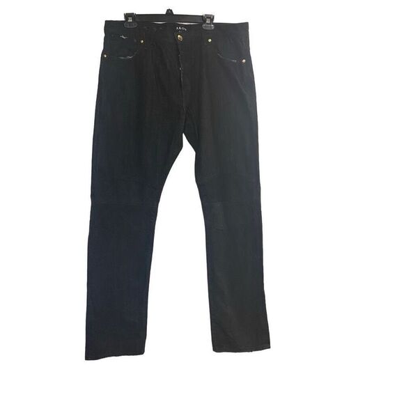 AKOO Men’s Button Fly Dark Wash Distressed Jeans Size 38X32 Reinforced Knee Blac - Picture 2 of 12